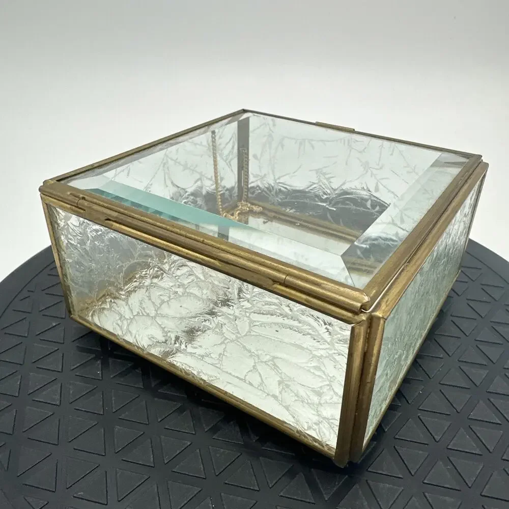 Vintage Glass Brass Trinket Box Etched Frosted Glass